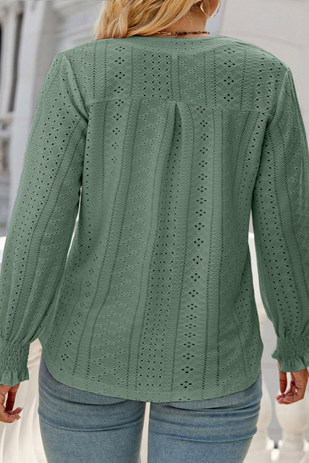 Green Eyelet Embroidered Split Neck Flounce Sleeve Curvy Top Plus Size JT's Designer Fashion