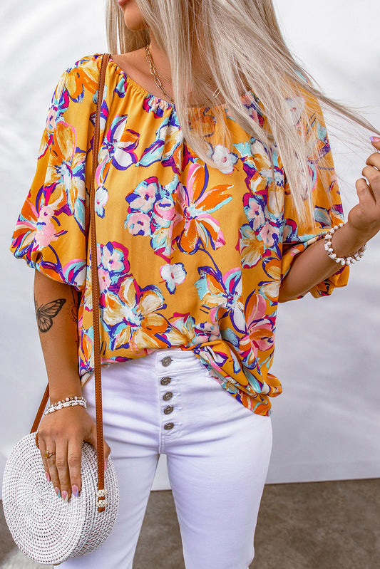 Yellow Floral Print Elastic Neckline Blouse Blouses & Shirts JT's Designer Fashion