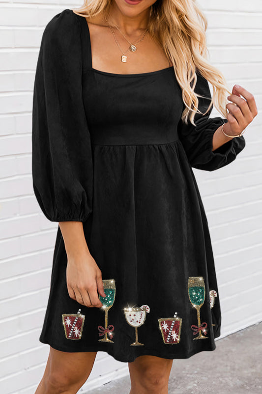 Black Christmas Drinks Puff Sleeve Square Neck Mini Dress Graphic Dresses JT's Designer Fashion