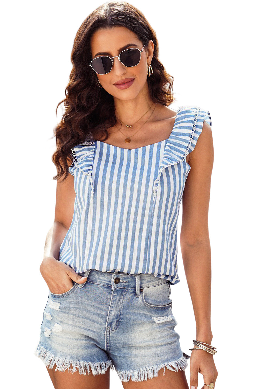 Blue Striped Tie Back Ruffle Trim Tank Top Tank Tops JT's Designer Fashion