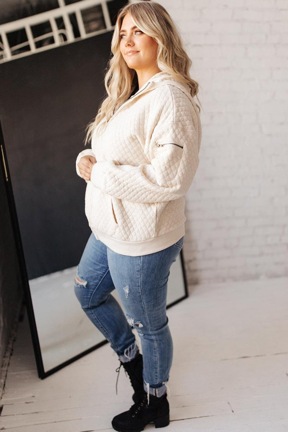 Bright White Zipped Shoulder Pocket Plus Size Quilted Jacket Plus Size JT's Designer Fashion