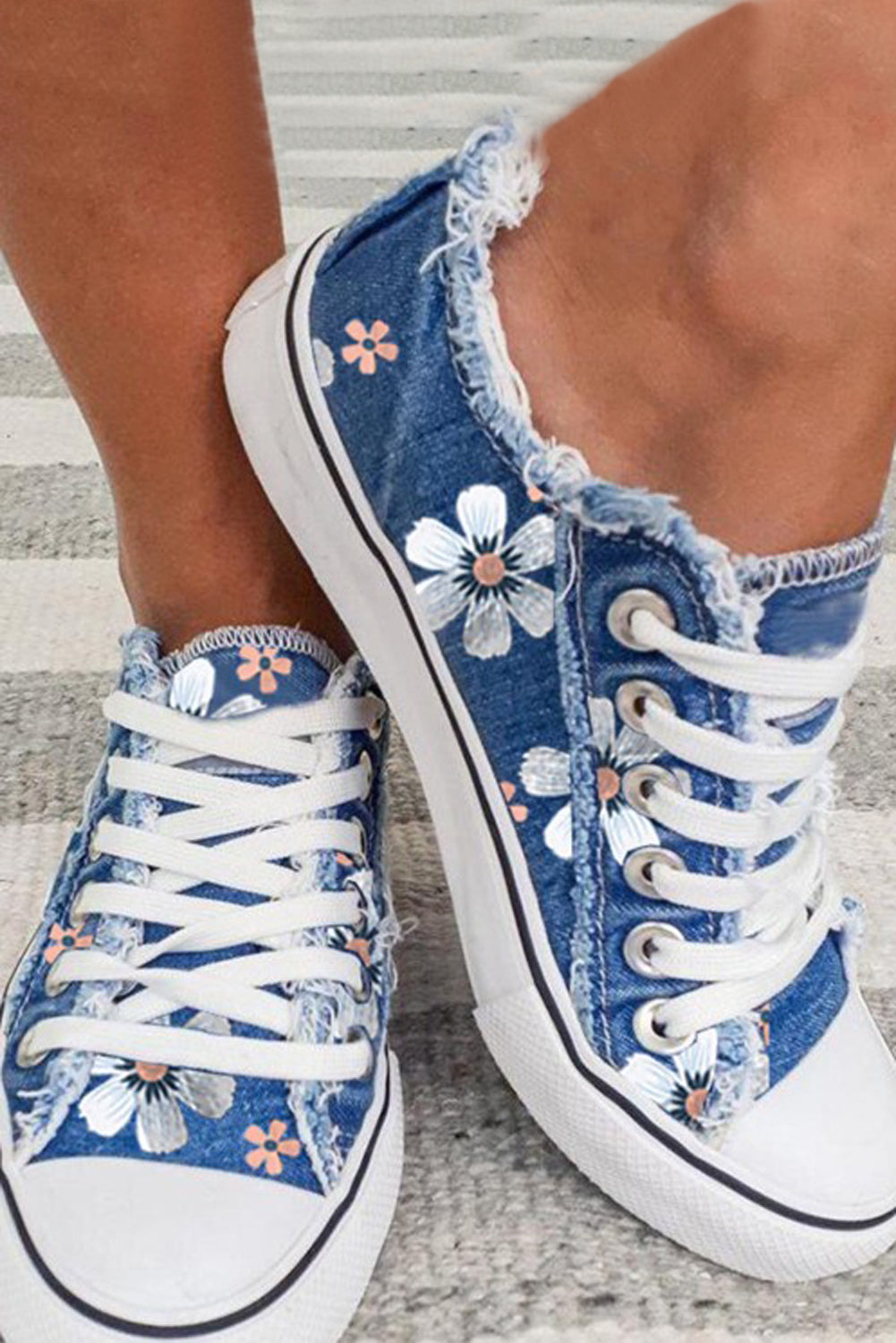 Sky Blue Floral Print Lace-up Canvas Sneakers Women's Shoes JT's Designer Fashion