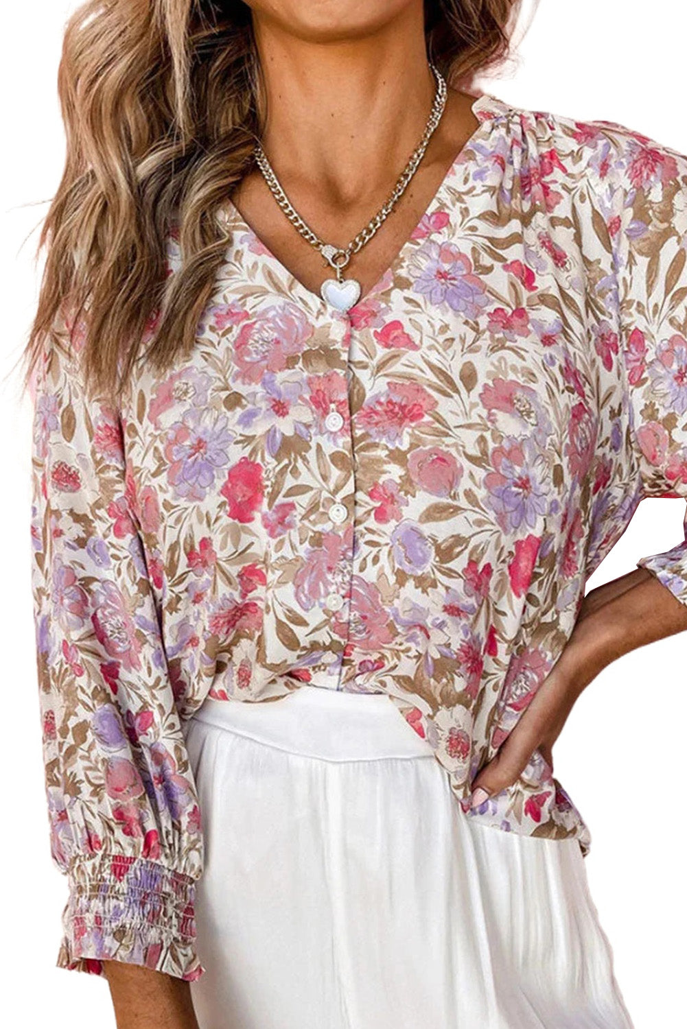 Red Floral V-neck Button Down Blouse Tops & Tees JT's Designer Fashion