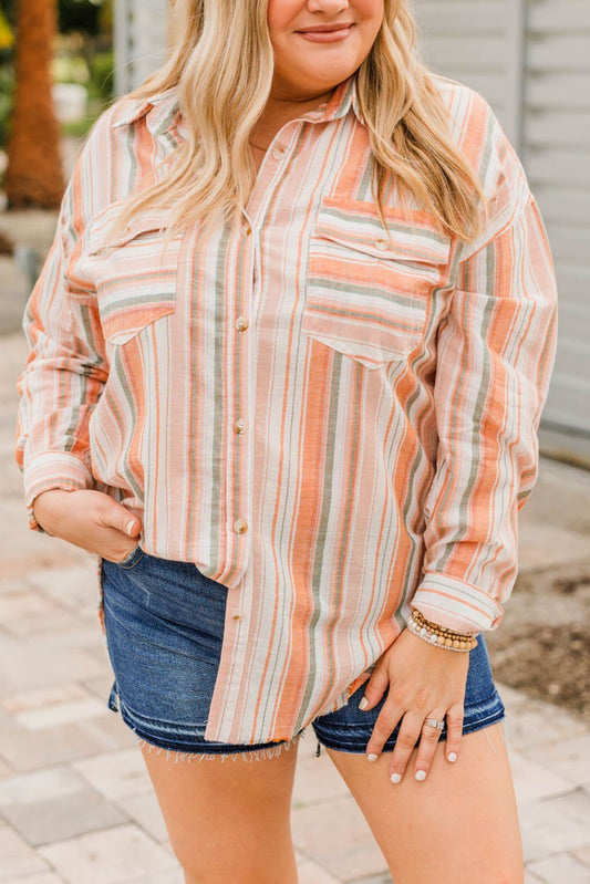 Orange Plus Size Striped Shirt with Chest Pockets Plus Size Tops JT's Designer Fashion