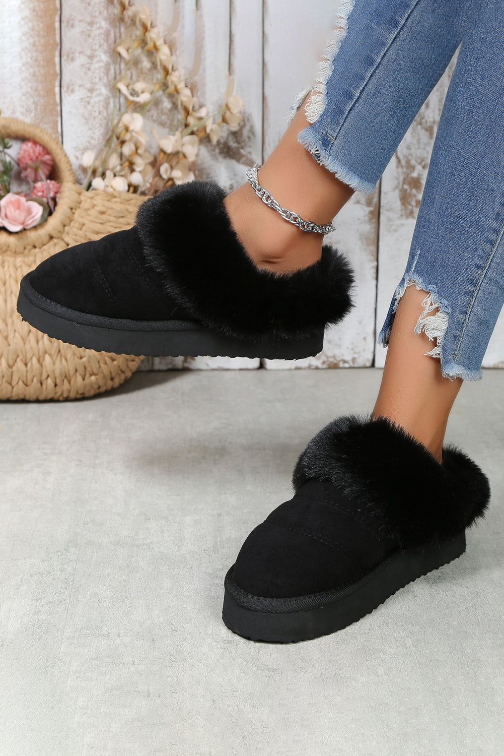 Black Plush Suede Patchwork Thick Sole Slippers Slippers JT's Designer Fashion