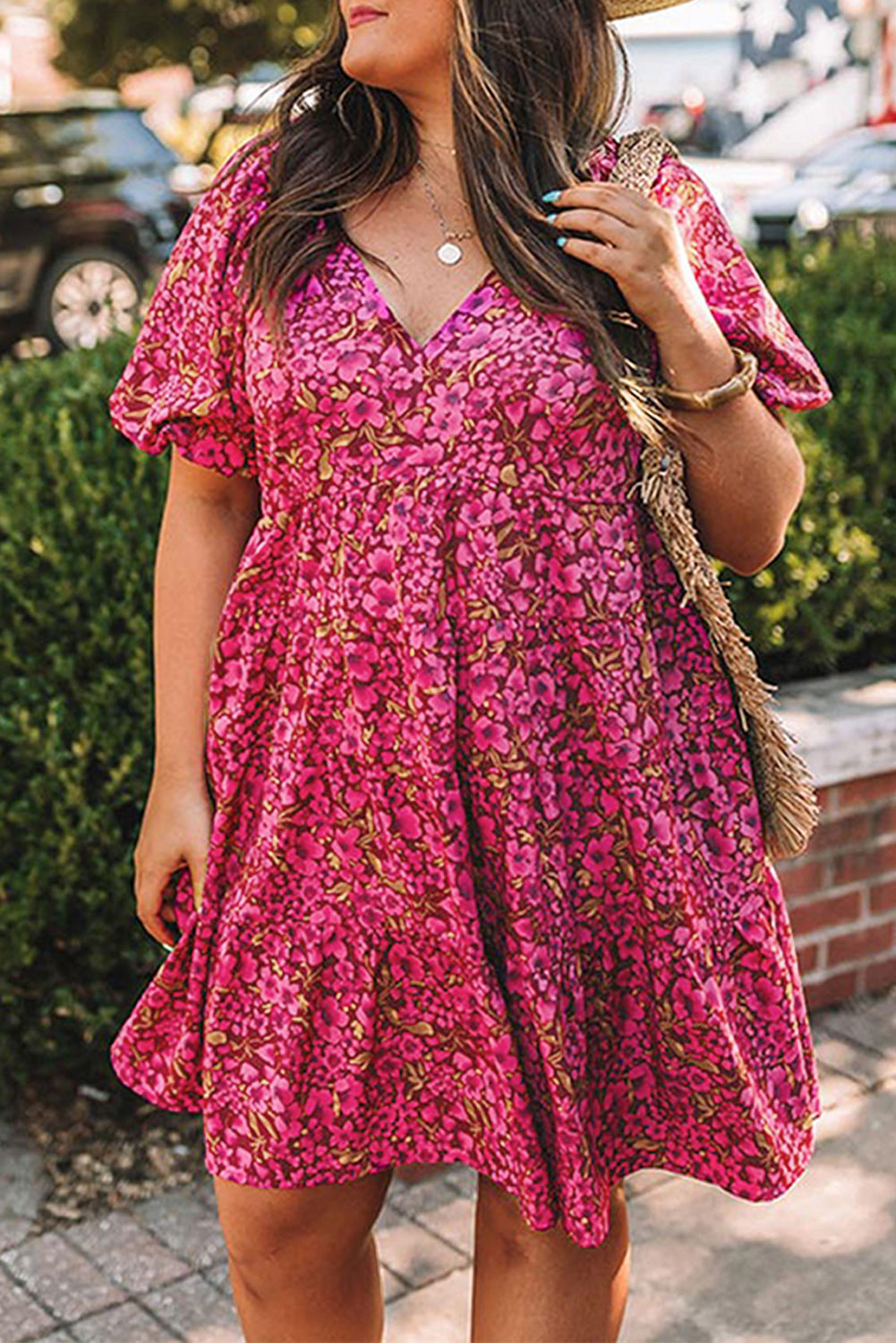 Rose Plus Size Floral V Neck Babydoll Dress Rose 100%Polyester Plus Size Dresses JT's Designer Fashion