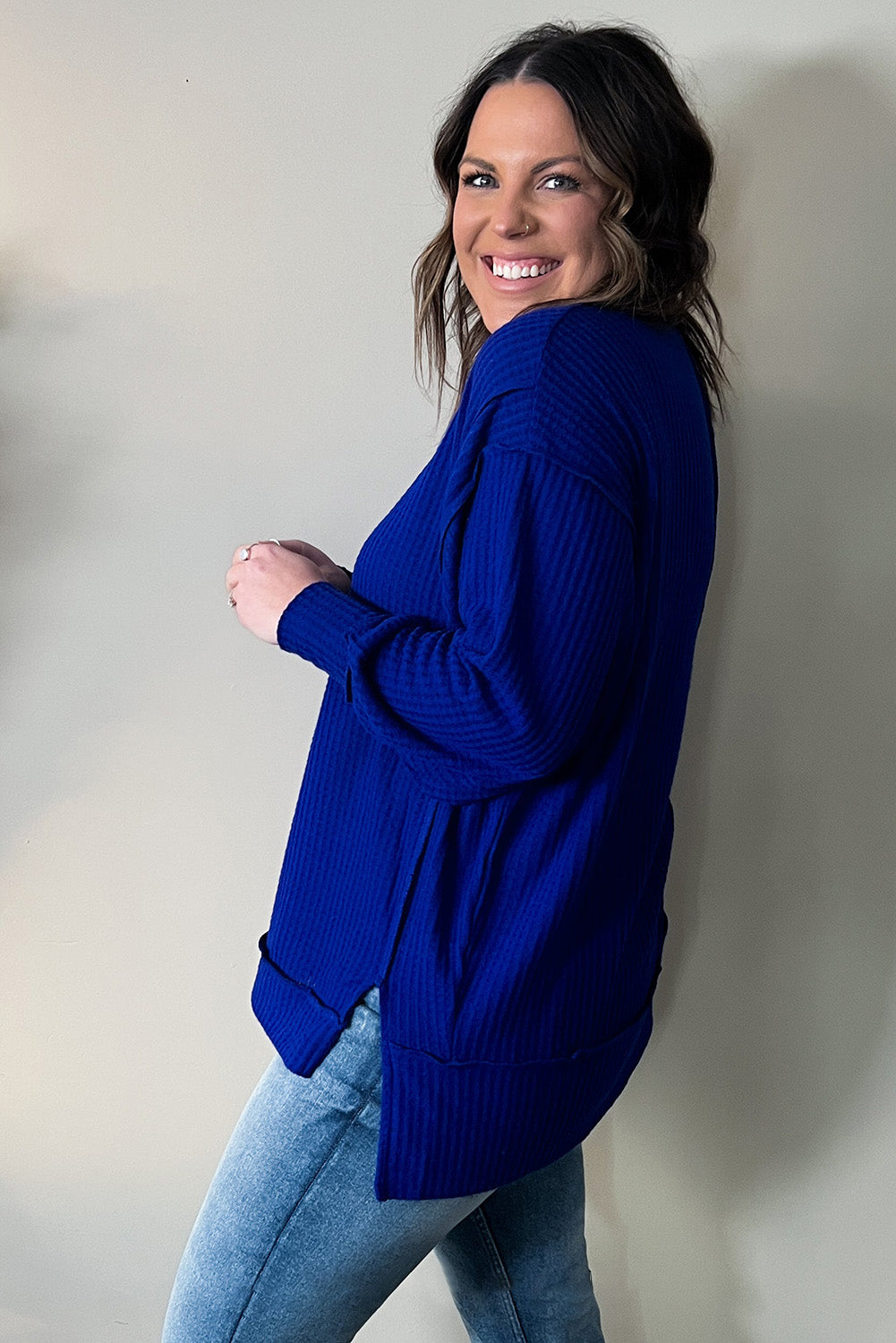 Blue Plus Size Waffle Knit Oversized Exposed Seam Top Plus Size JT's Designer Fashion