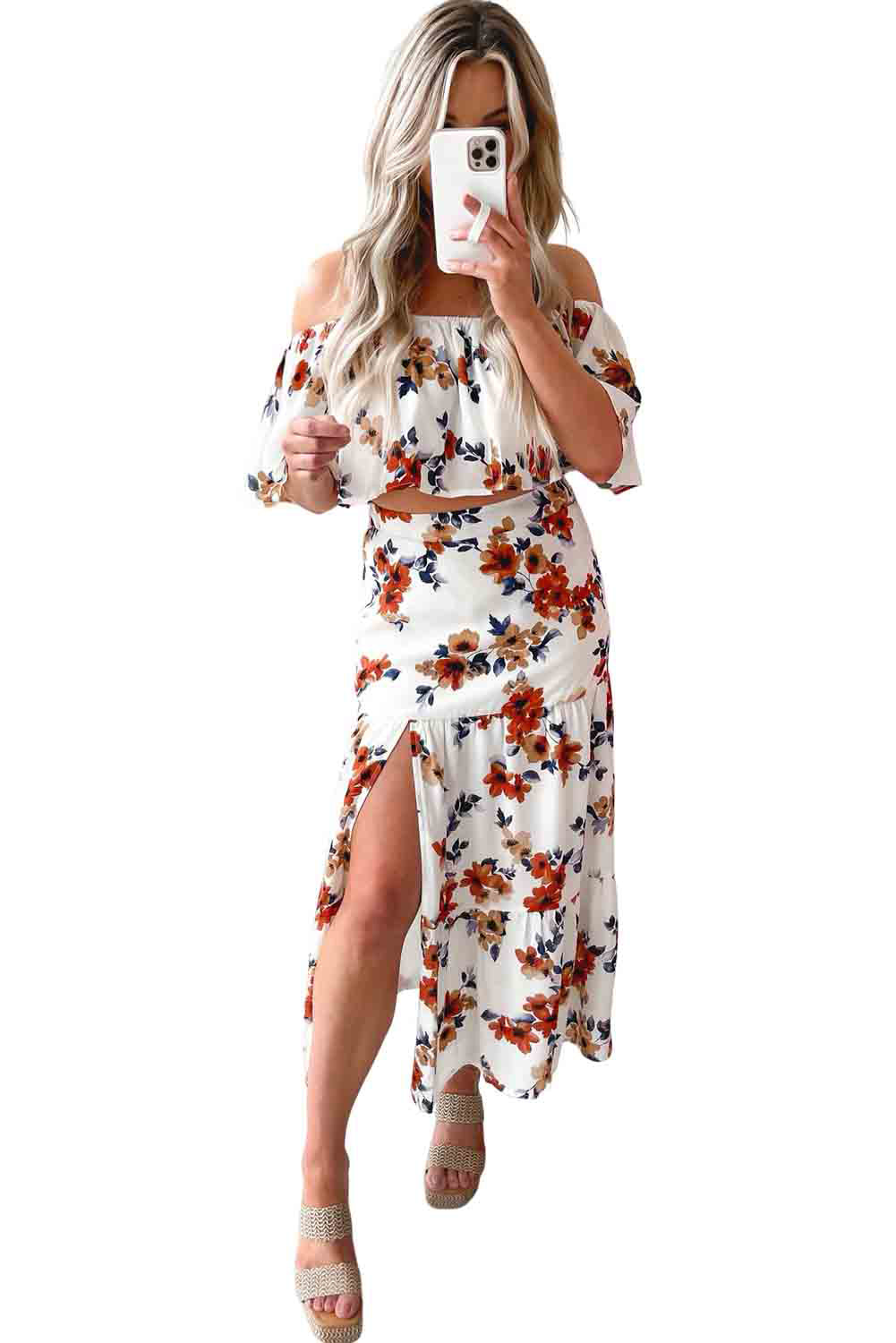 White Floral Print Off-shoulder Crop Top and Maxi Skirt Set Dresses JT's Designer Fashion