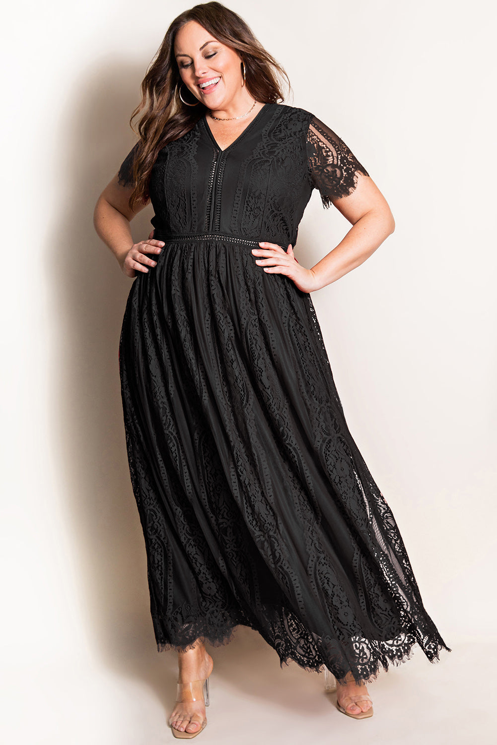 Black Eyelash Lace Short Sleeve Curvy Maxi Dress Black 65%Cotton+35%Polyamide Plus Size Dresses JT's Designer Fashion