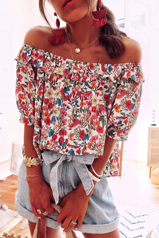 White Floral Print Ruffled Half Sleeve Off Shoulder Blouse Tops & Tees JT's Designer Fashion