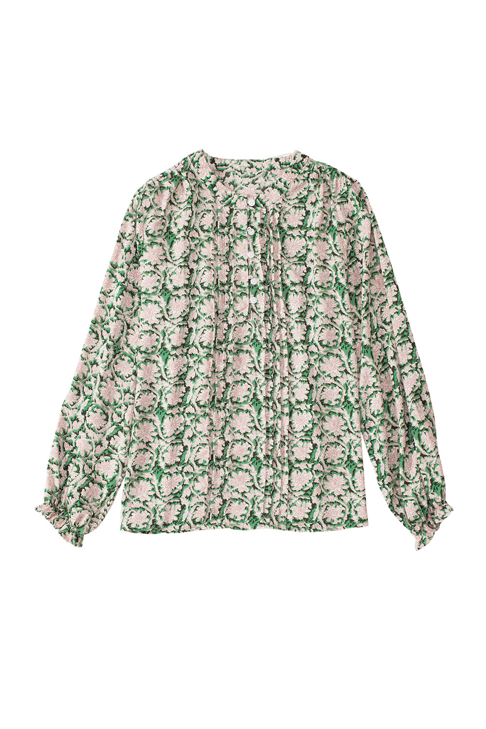 Green Floral Print Split Neck Pleated Puff Sleeve Blouse Tops & Tees JT's Designer Fashion