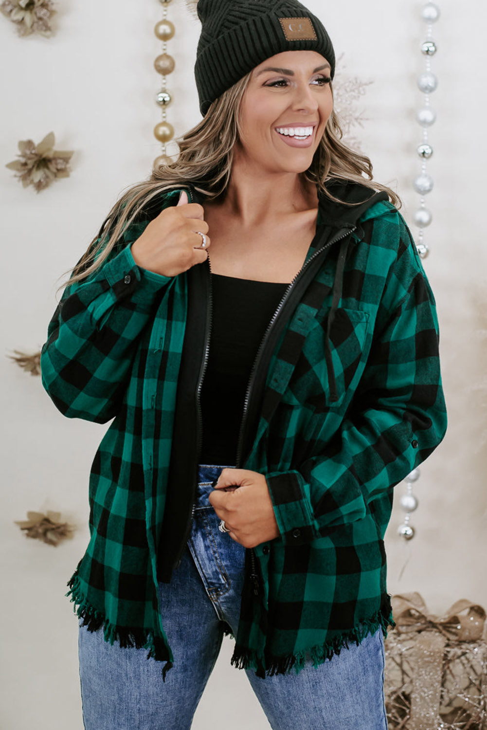 Blackish Green Plus Size Plaid Hooded Distressed Zip-Up Jacket Plus Size JT's Designer Fashion