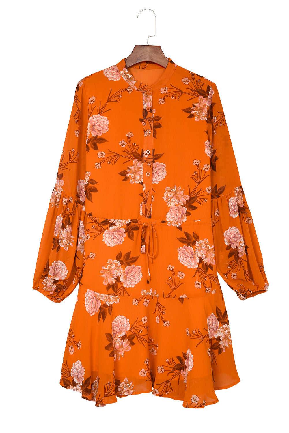 Orange Vintage Floral Print Drawstring Flowy Dress Floral Dresses JT's Designer Fashion