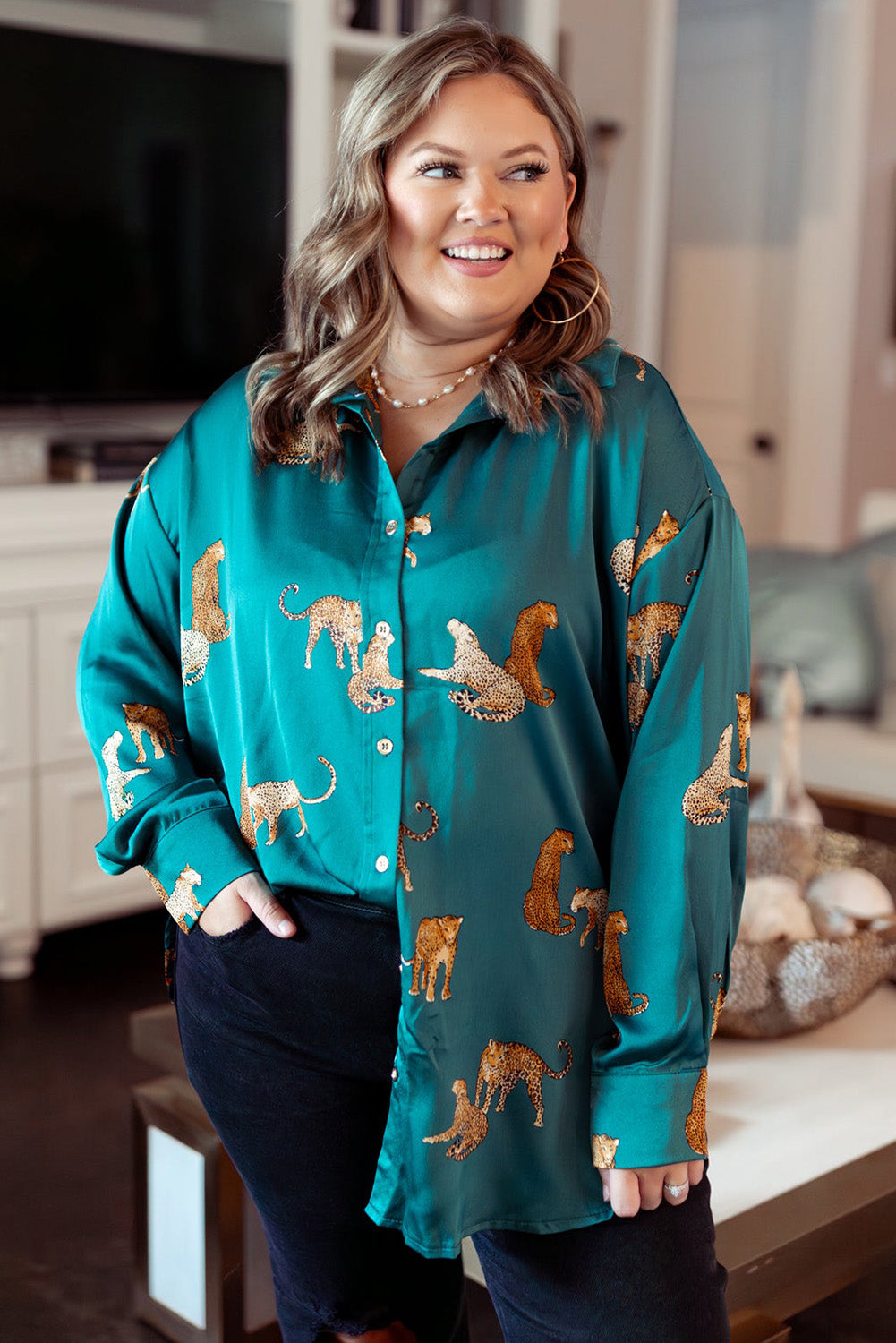 Green Printed Plus Size Satin Cheetah Print Button Up Shirt Plus Size JT's Designer Fashion