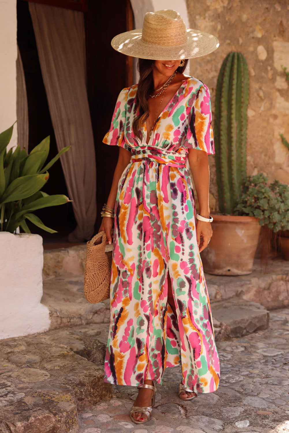 Pink Boho Tie-dye Print V Neck Maxi Dress Dresses JT's Designer Fashion