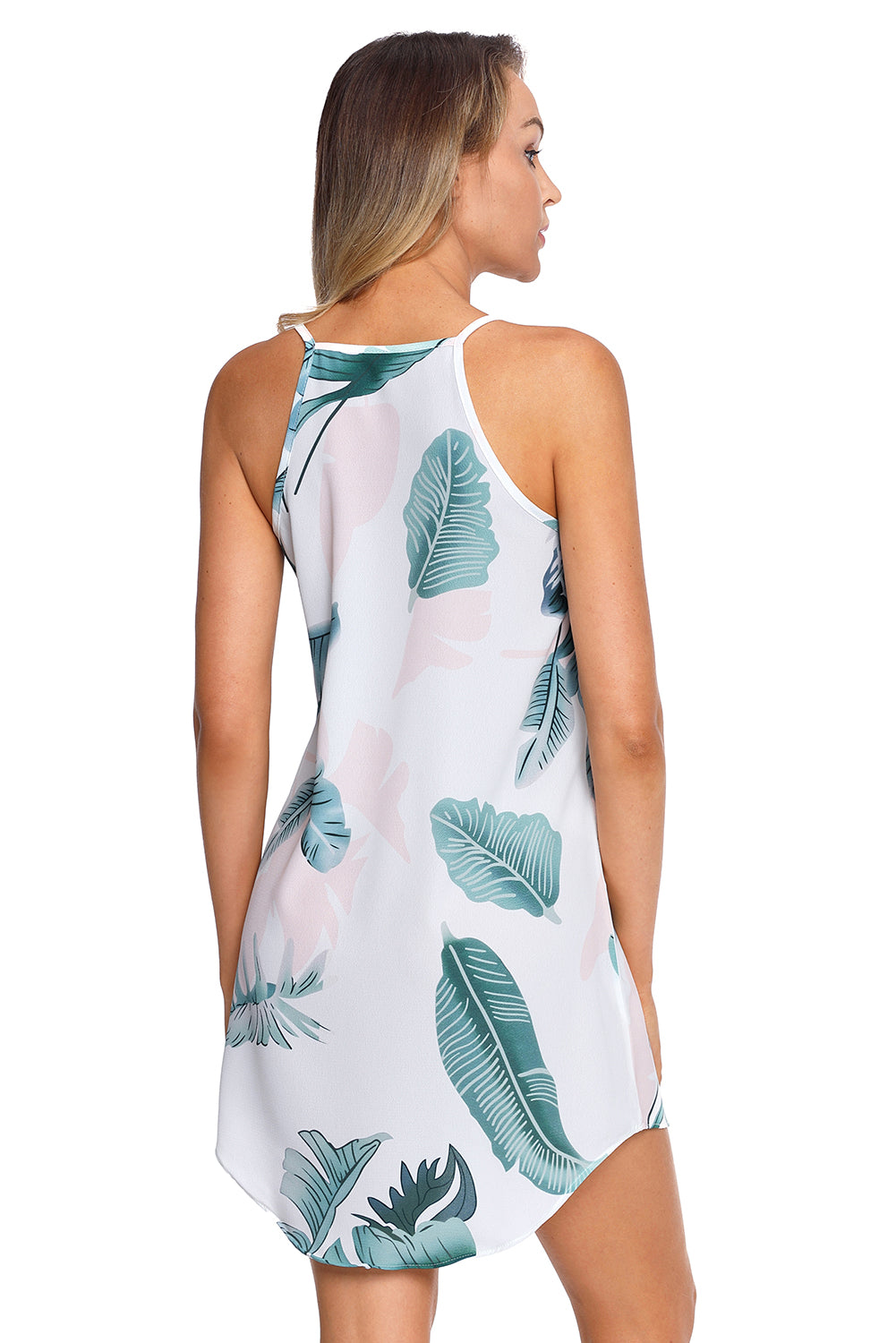 Palm Tree Leaf Print Ivory Sleeveless Dress Floral Dresses JT's Designer Fashion