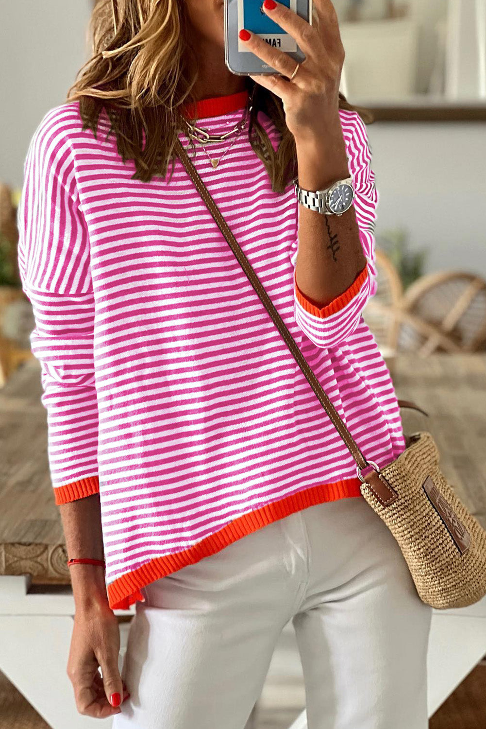 Pink Contrast Trimmed Striped Drop Shoulder Sweater Pre Order Sweaters & Cardigans JT's Designer Fashion