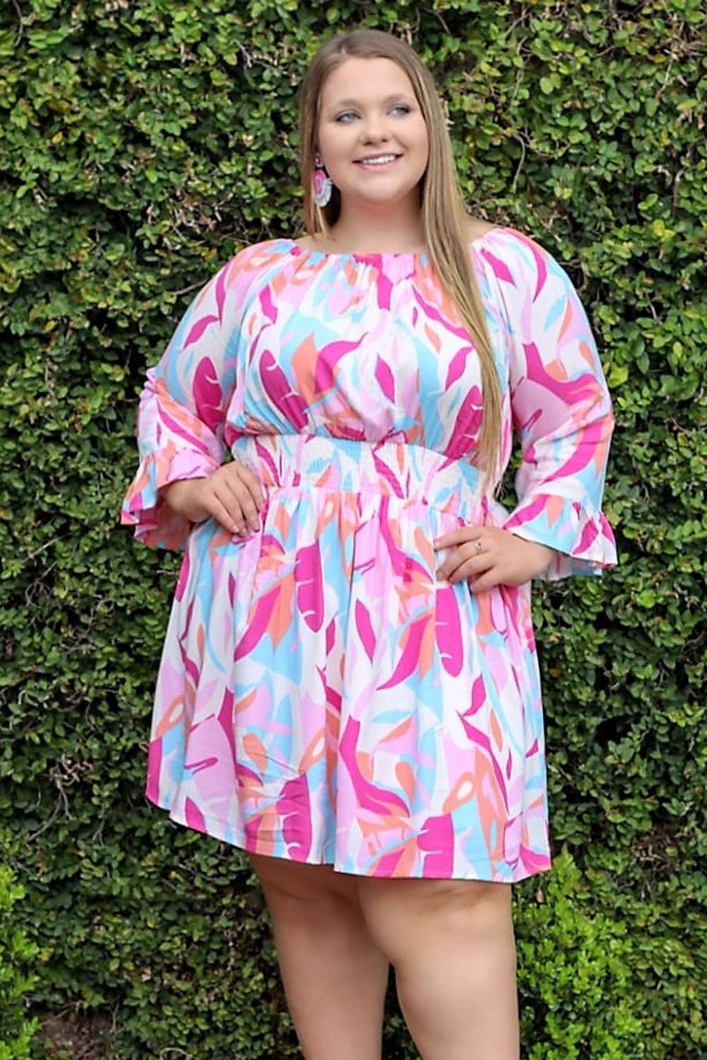 Pink Geometric Print Long Sleeve Ruffled Plus Size Dress Plus Size JT's Designer Fashion