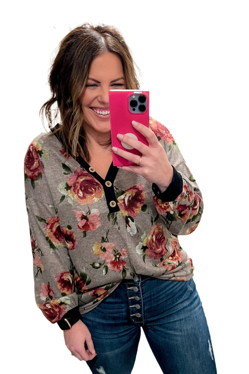 Gray Floral Long Sleeve Plus Size Henley Top Plus Size JT's Designer Fashion