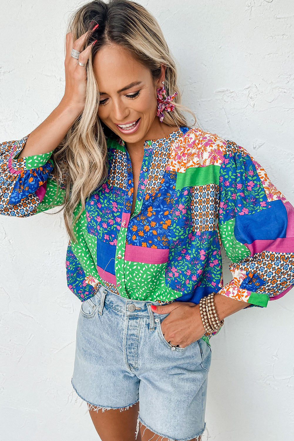 Multicolor Ditsy Floral Patchwork Puff Sleeve Shirt Tops & Tees JT's Designer Fashion