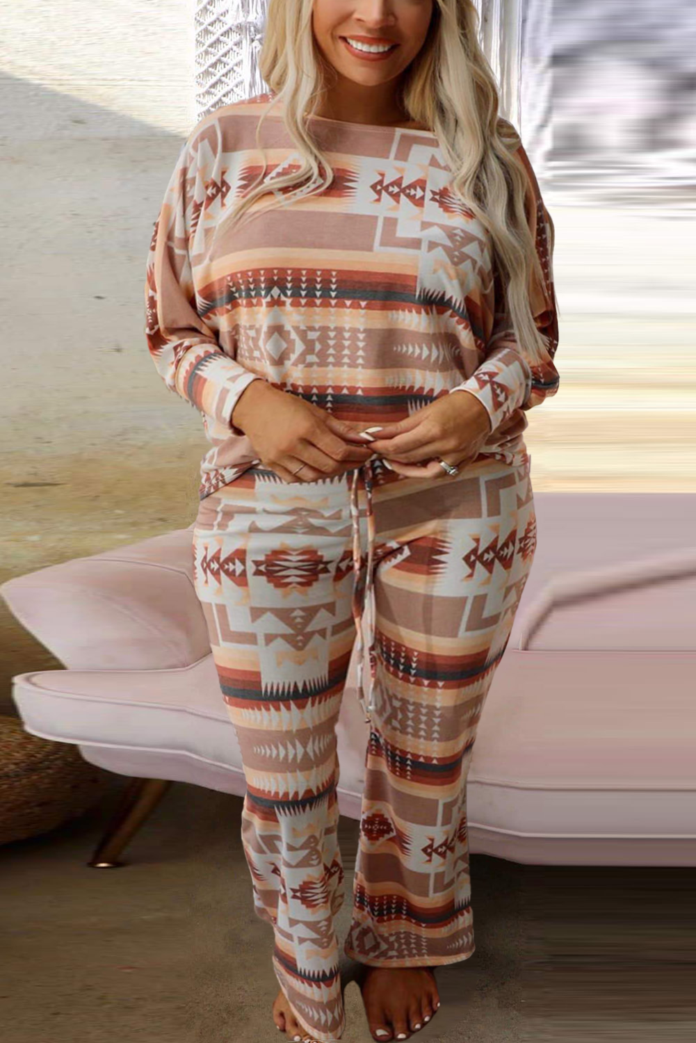 Multicolor Plus Size Aztec Print Flare Pants 2pcs Pajama Set Plus Size JT's Designer Fashion