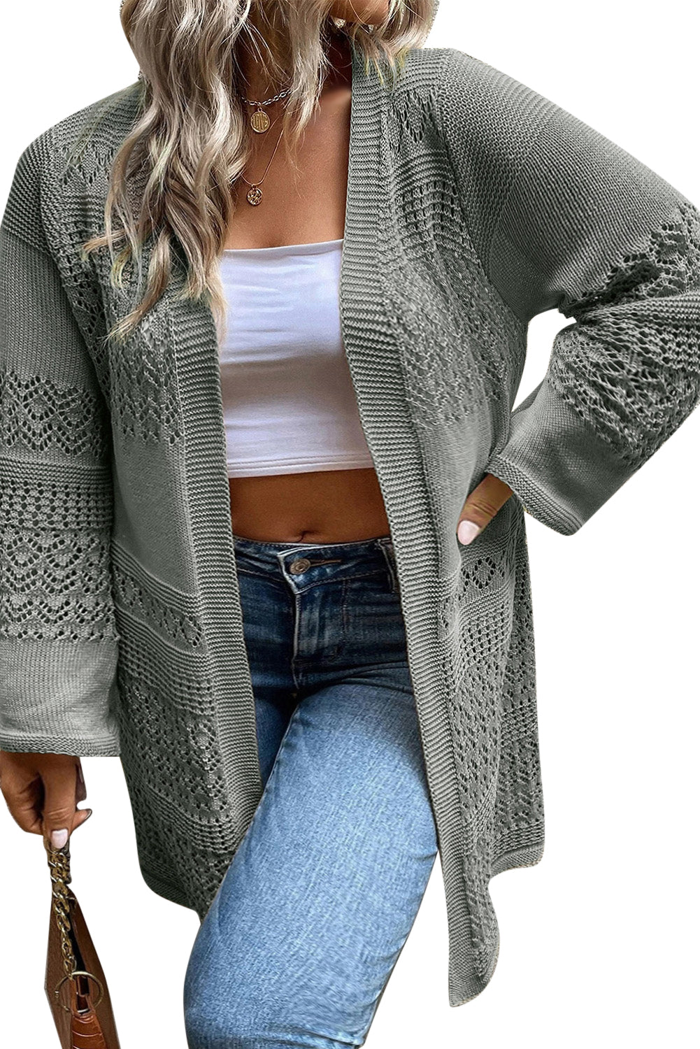 Medium Grey Plus Size Pointelle Detail Open Front Knit Cardigan Plus Size JT's Designer Fashion