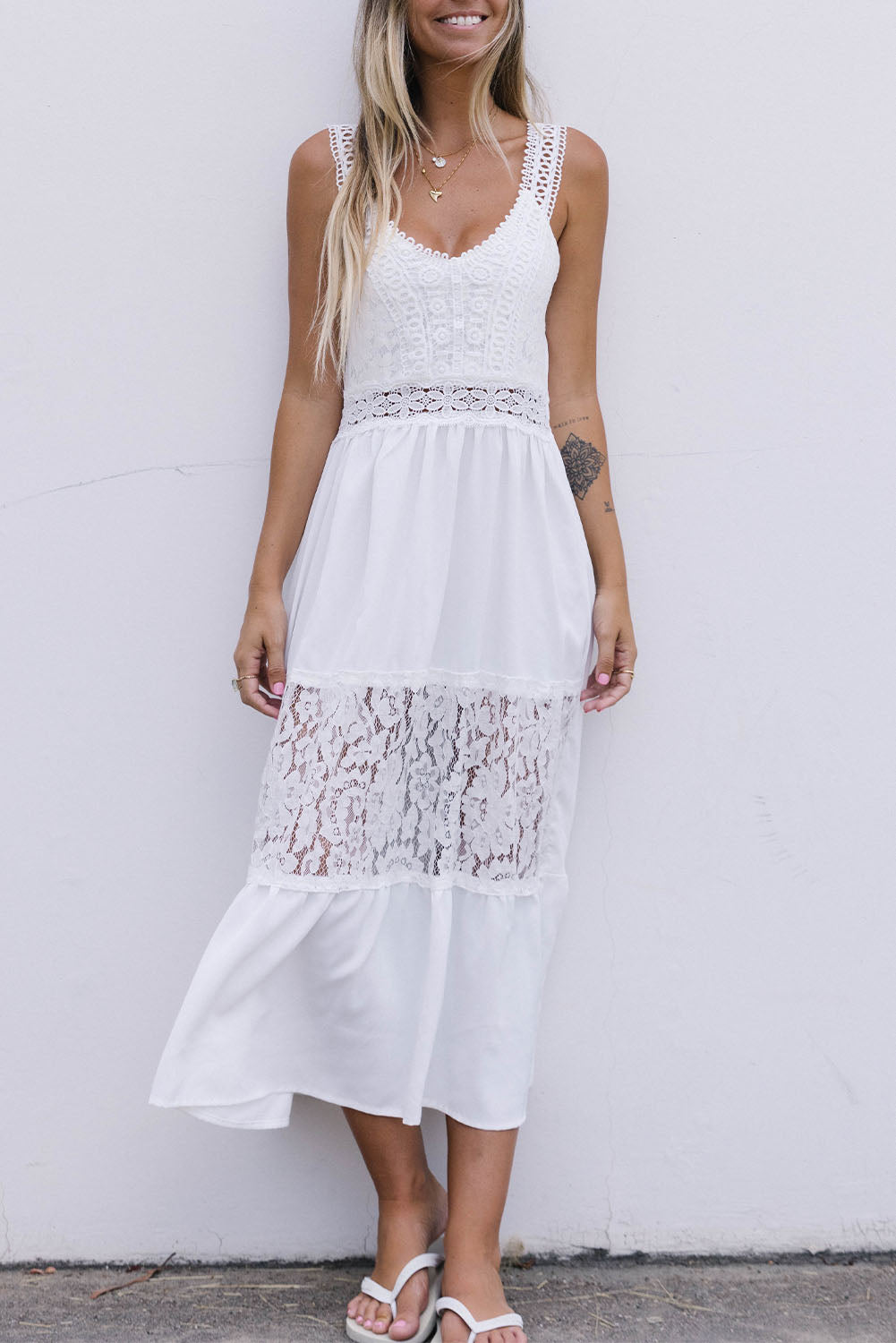 White Floral Lace Tiered Patchwork Sleeveless Dress Maxi Dresses JT's Designer Fashion