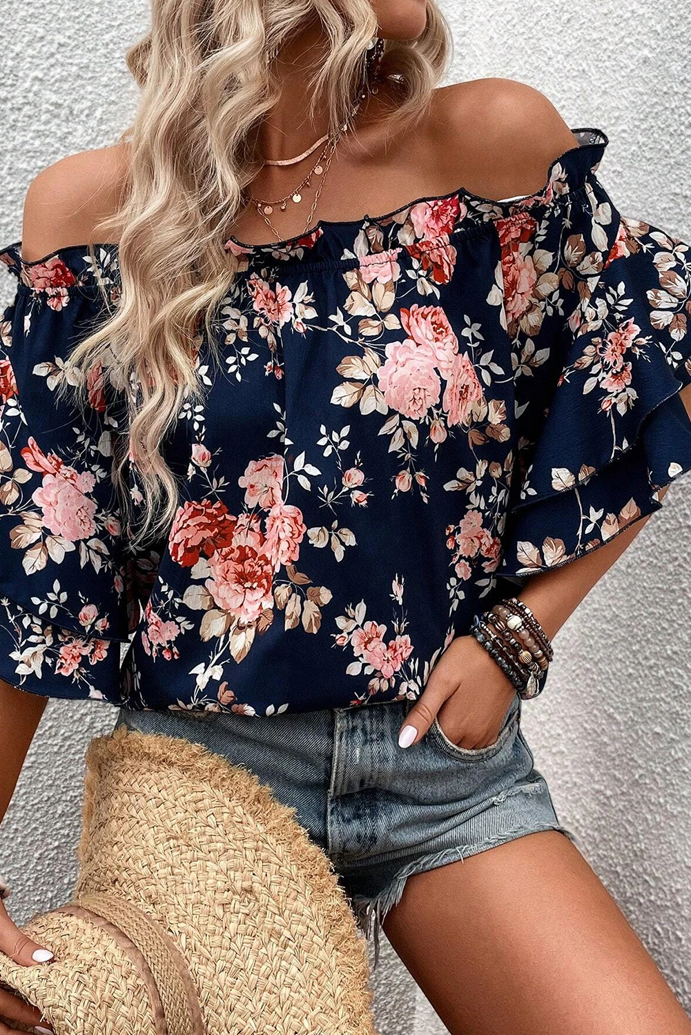 Blue Ruffle Off Shoulder Flounce Sleeve Floral Blouse Tops & Tees JT's Designer Fashion