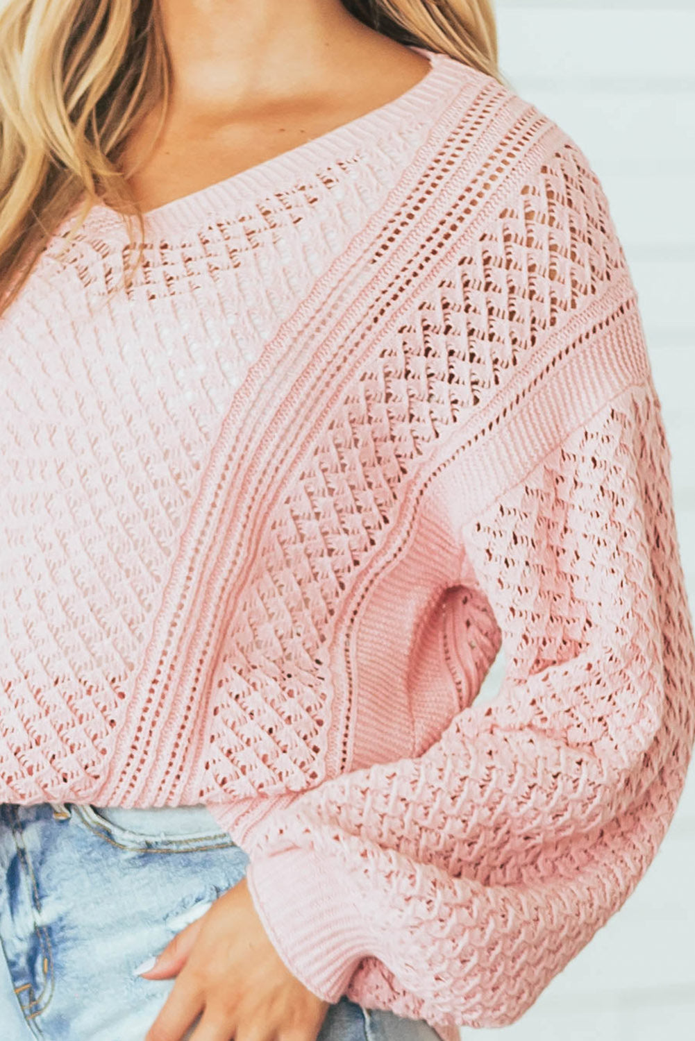 Pink Loose Pointelle Knit Ribbed V Neck Sweater Tops & Tees JT's Designer Fashion