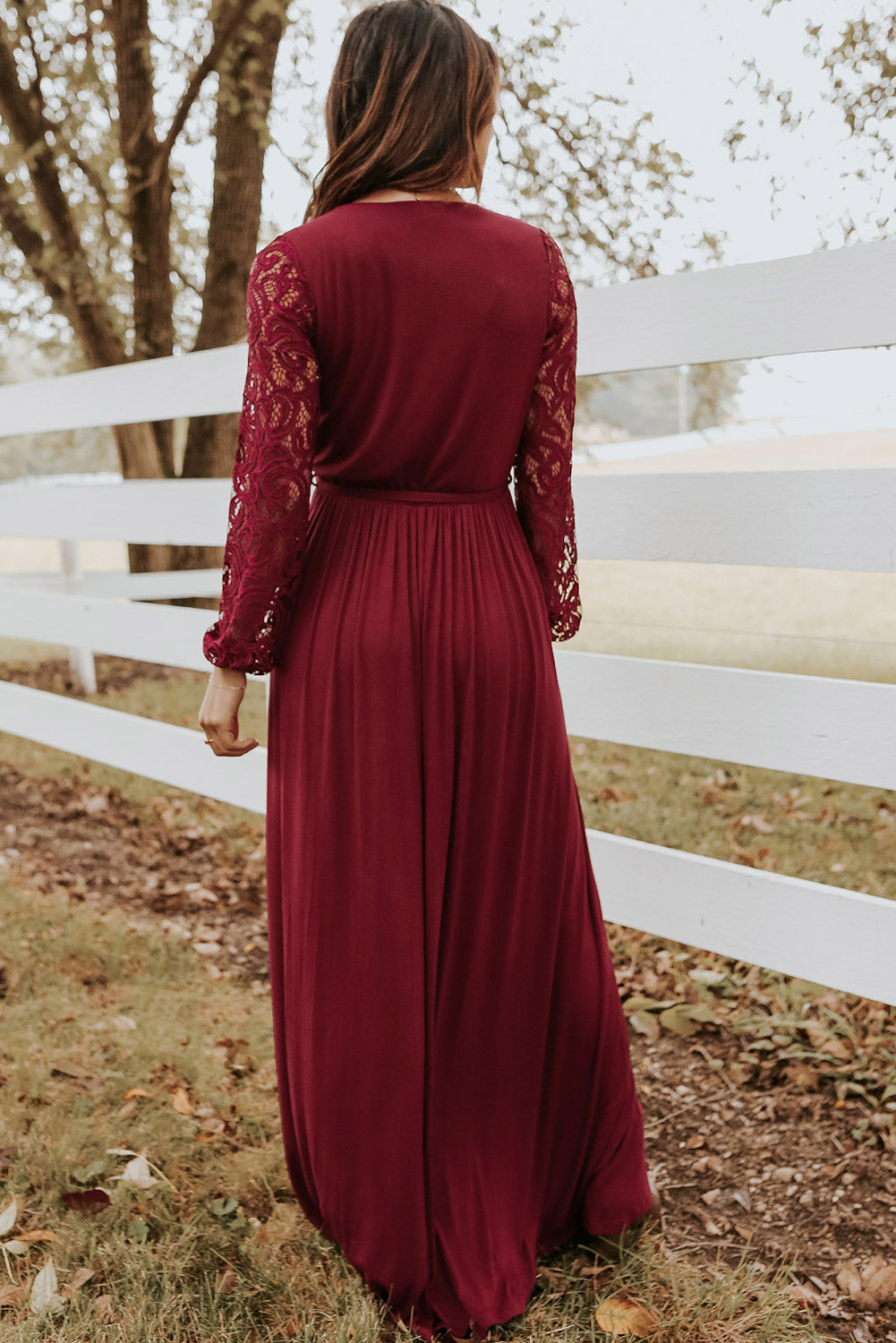 Red Lace Sleeve Faux Wrap Belted Maxi Dress Maxi Dresses JT's Designer Fashion