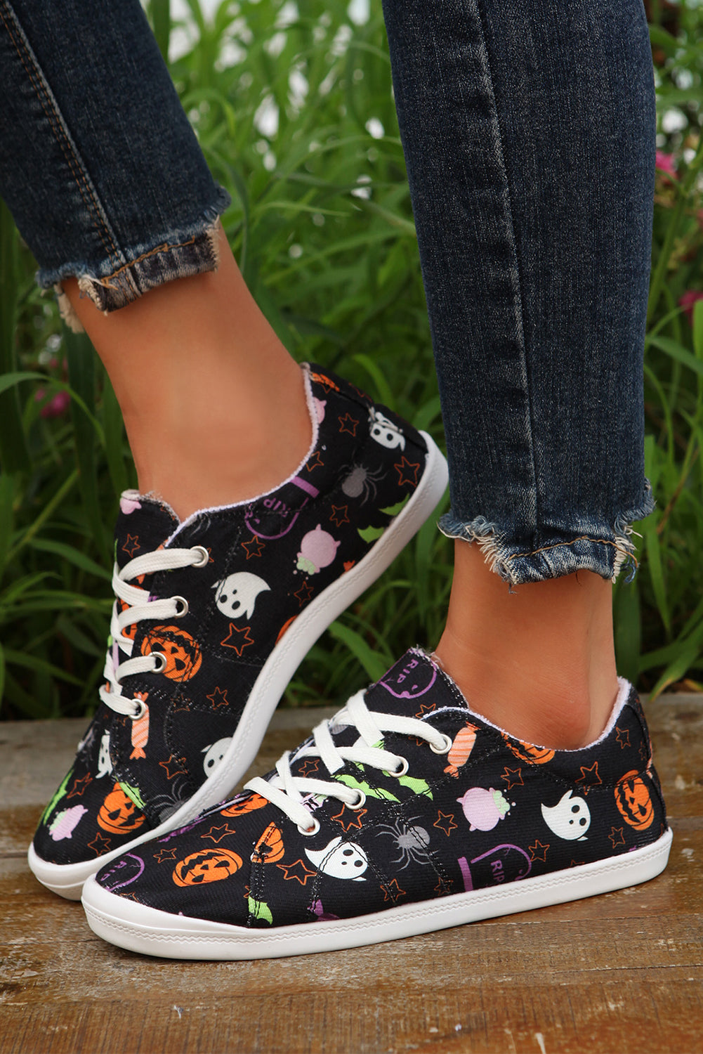 Black Happy Halloween Ghost Pumpkin Print Flat Shoes Women's Shoes JT's Designer Fashion