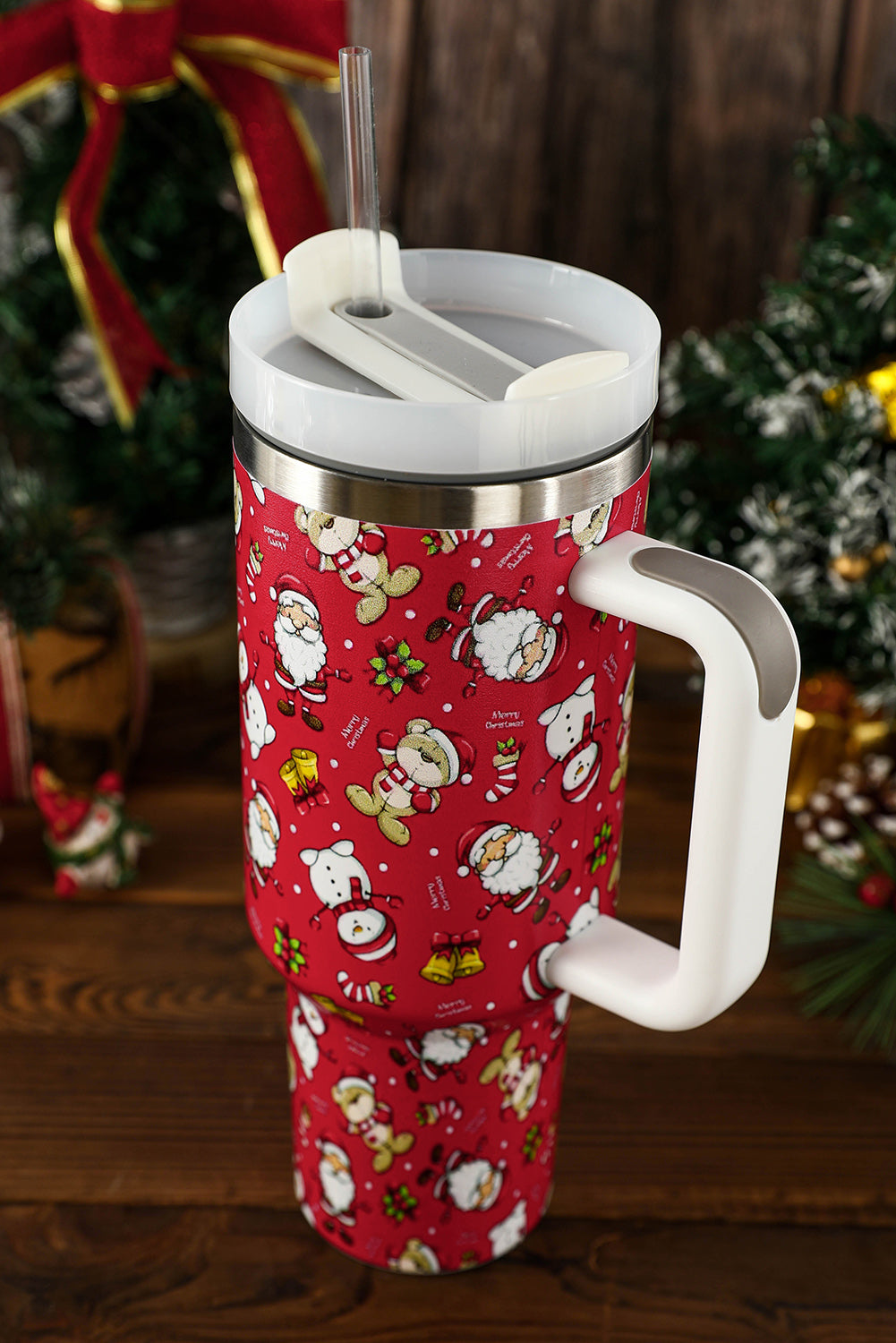 Fiery Red Christmas Pattern Print Handled Stainless Steel Tumblers Tumblers JT's Designer Fashion