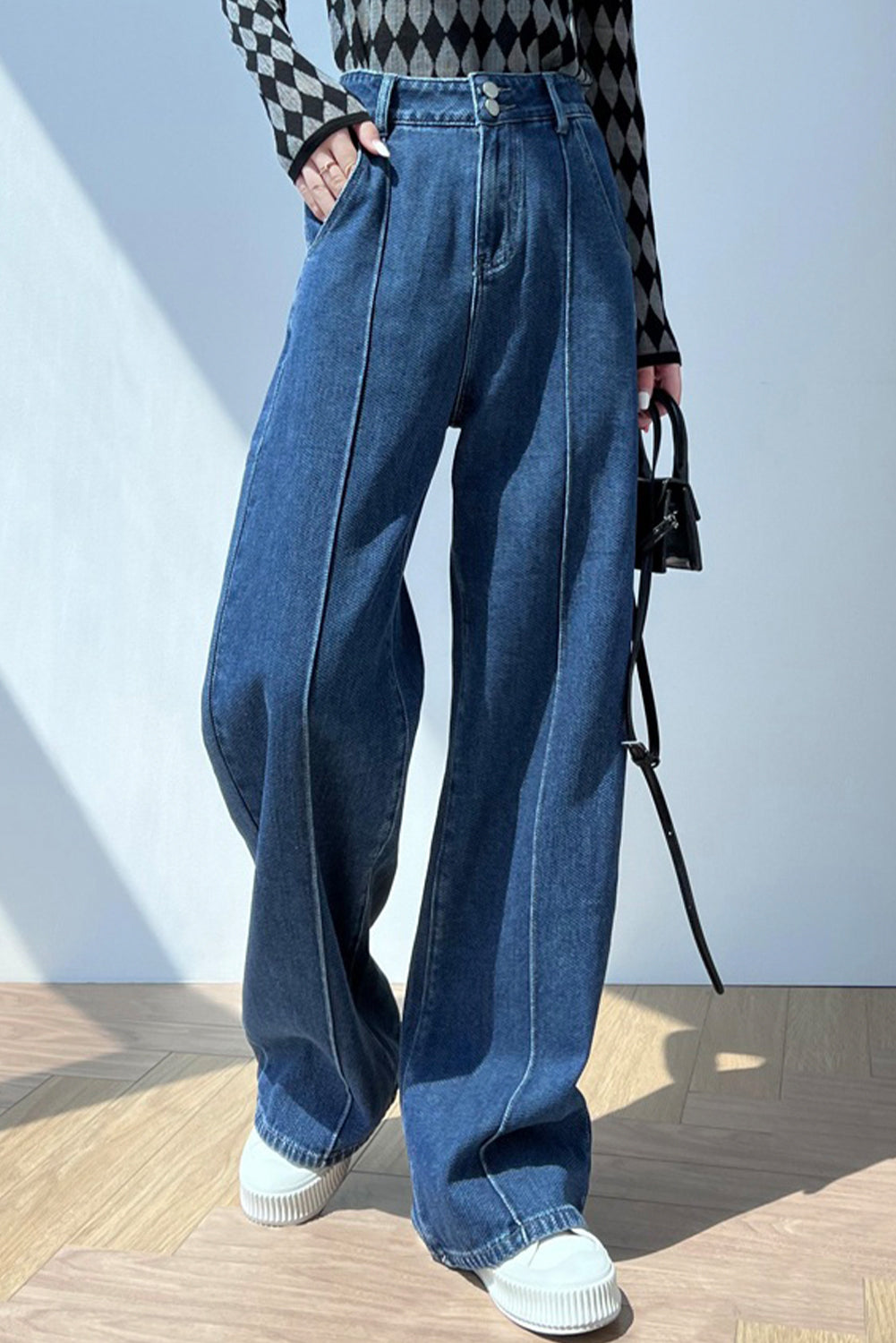 Blue Double Button Wide Leg Jeans Bottoms JT's Designer Fashion