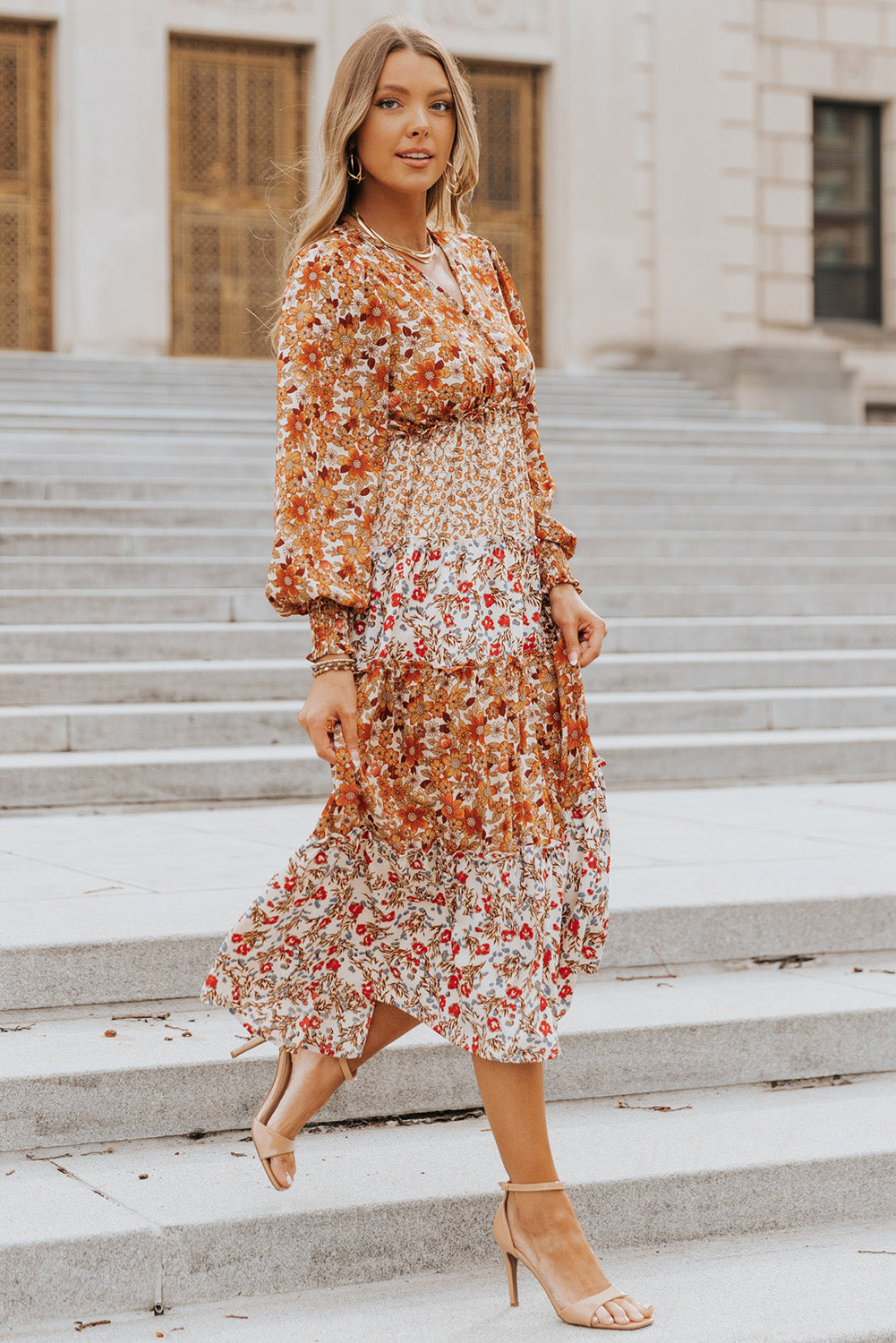 Orange Mix Floral Patchwork Frill Tiered Dress Floral Dresses JT's Designer Fashion