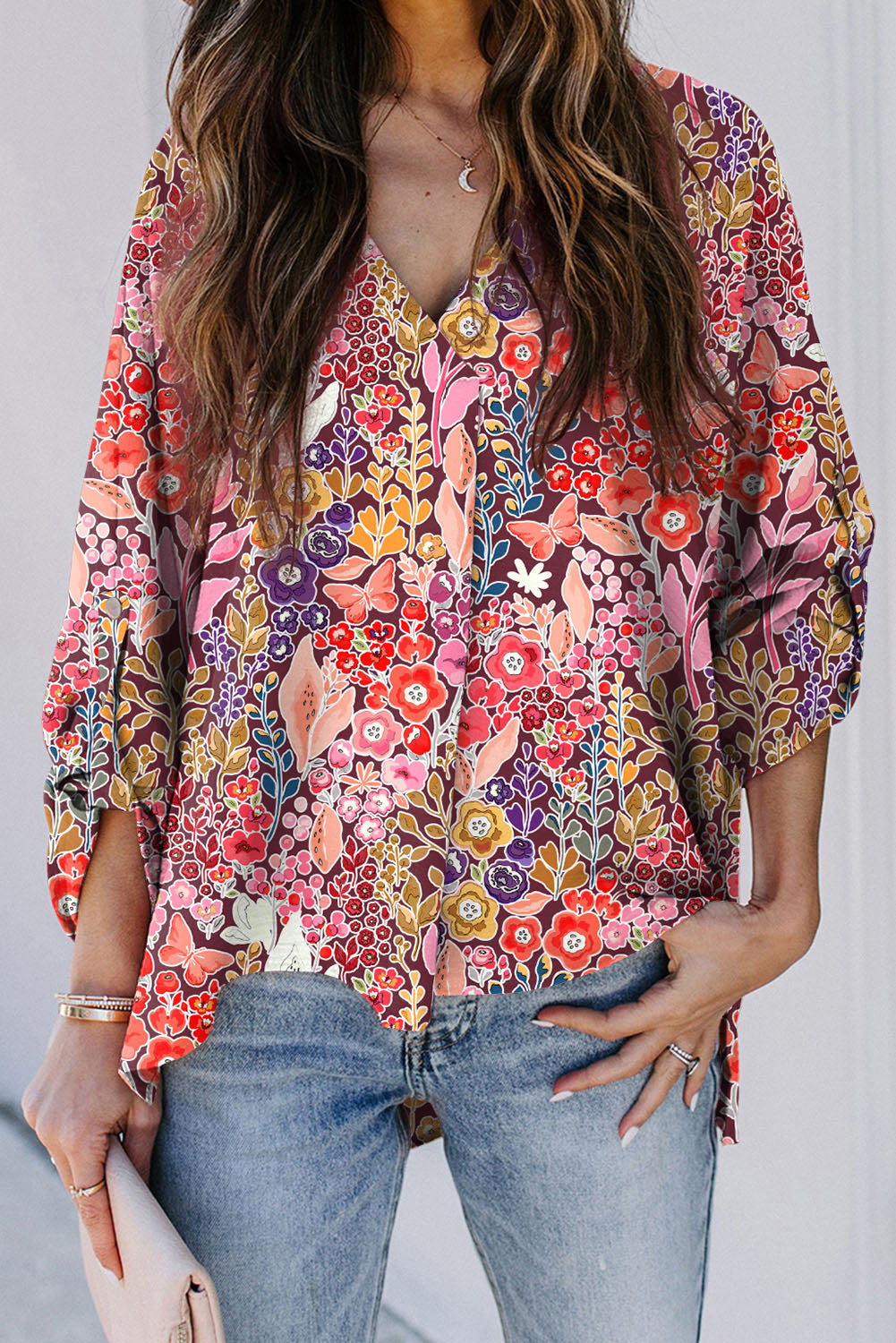 Multicolor Boho Floral Long Sleeve V-Neck Blouse Tops & Tees JT's Designer Fashion