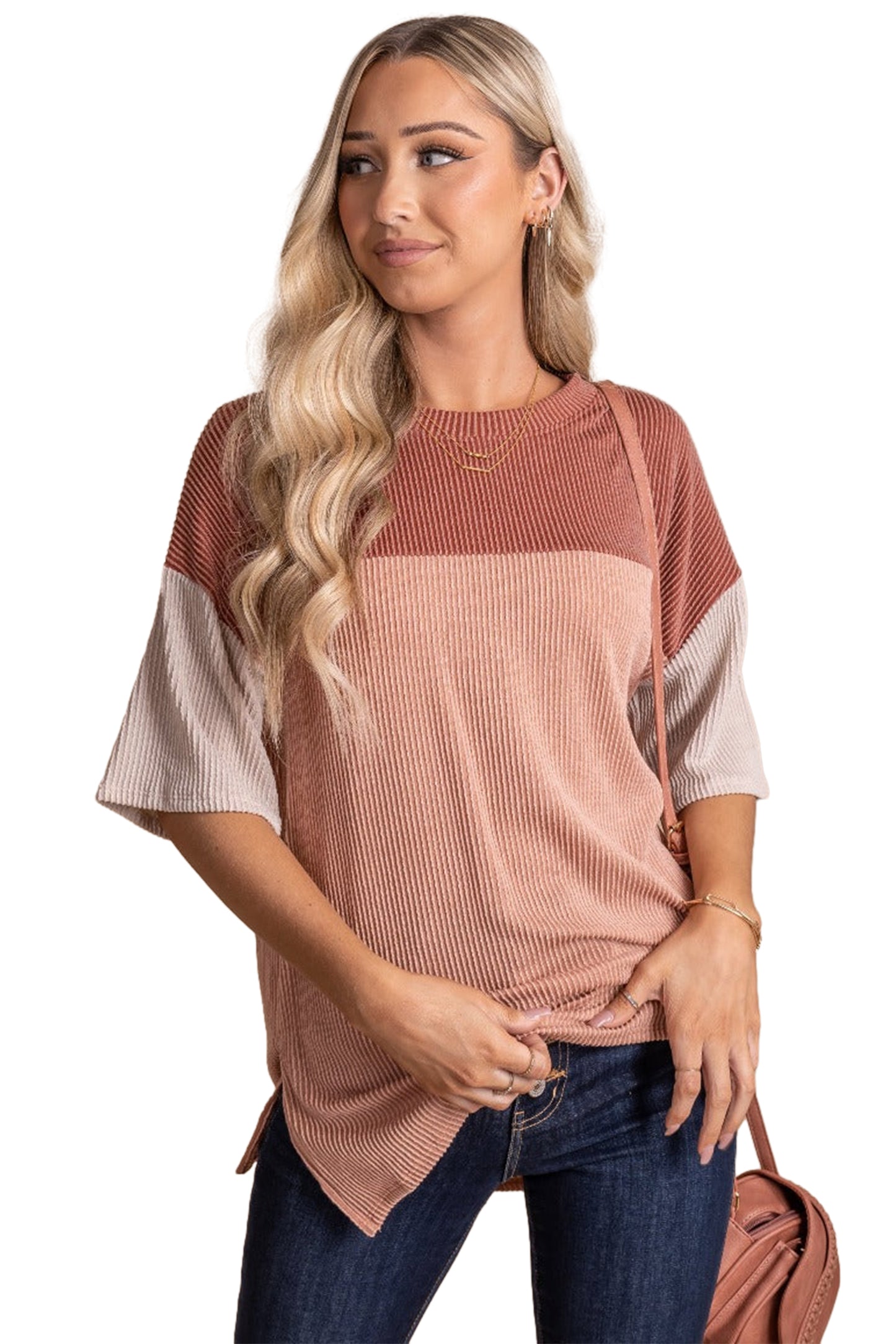 Rose Pink Color Block Ribbed Side Slits Half Sleeve Top Tops & Tees JT's Designer Fashion