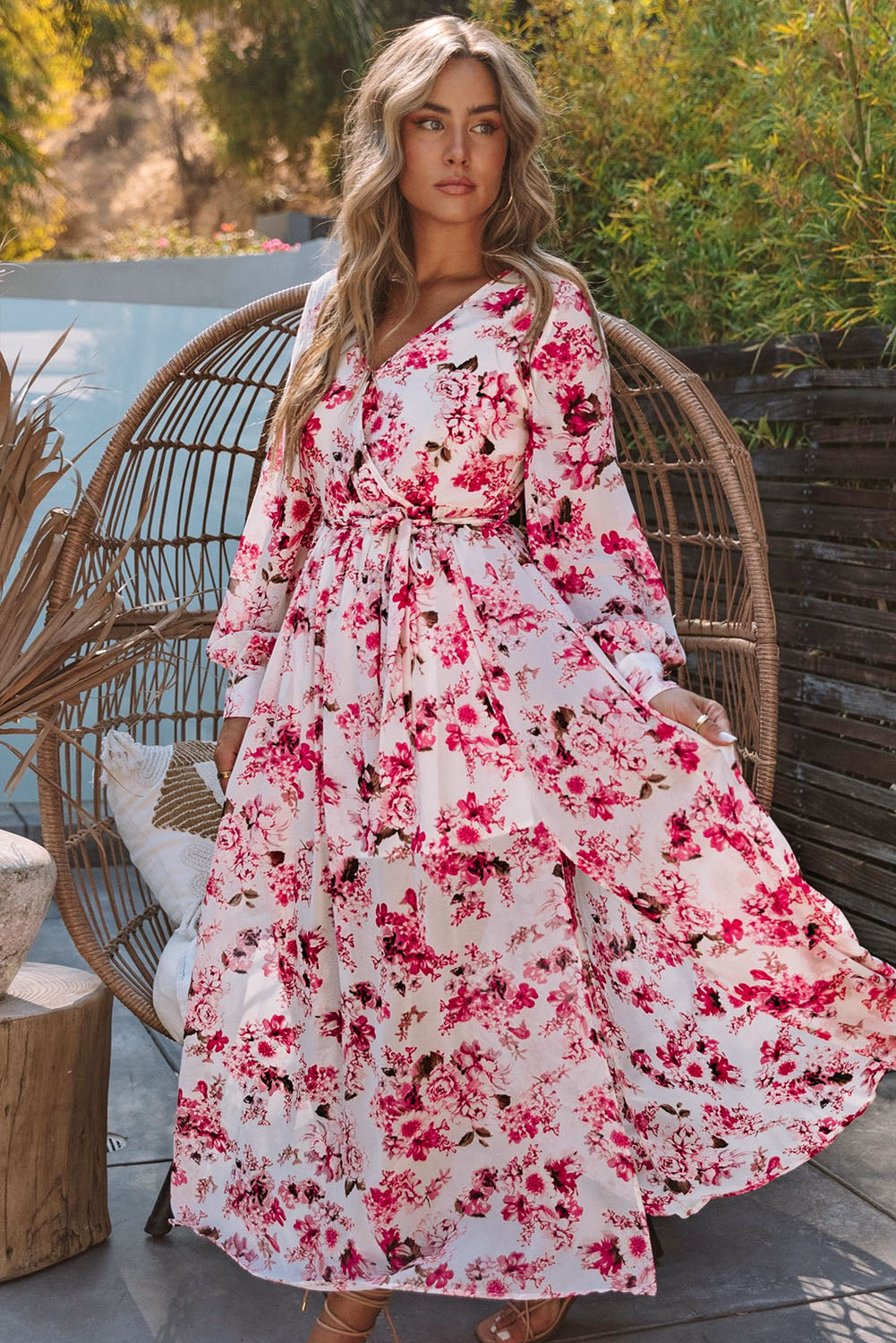 Pink Wrap V Neck Floral Maxi Dress Floral Dresses JT's Designer Fashion