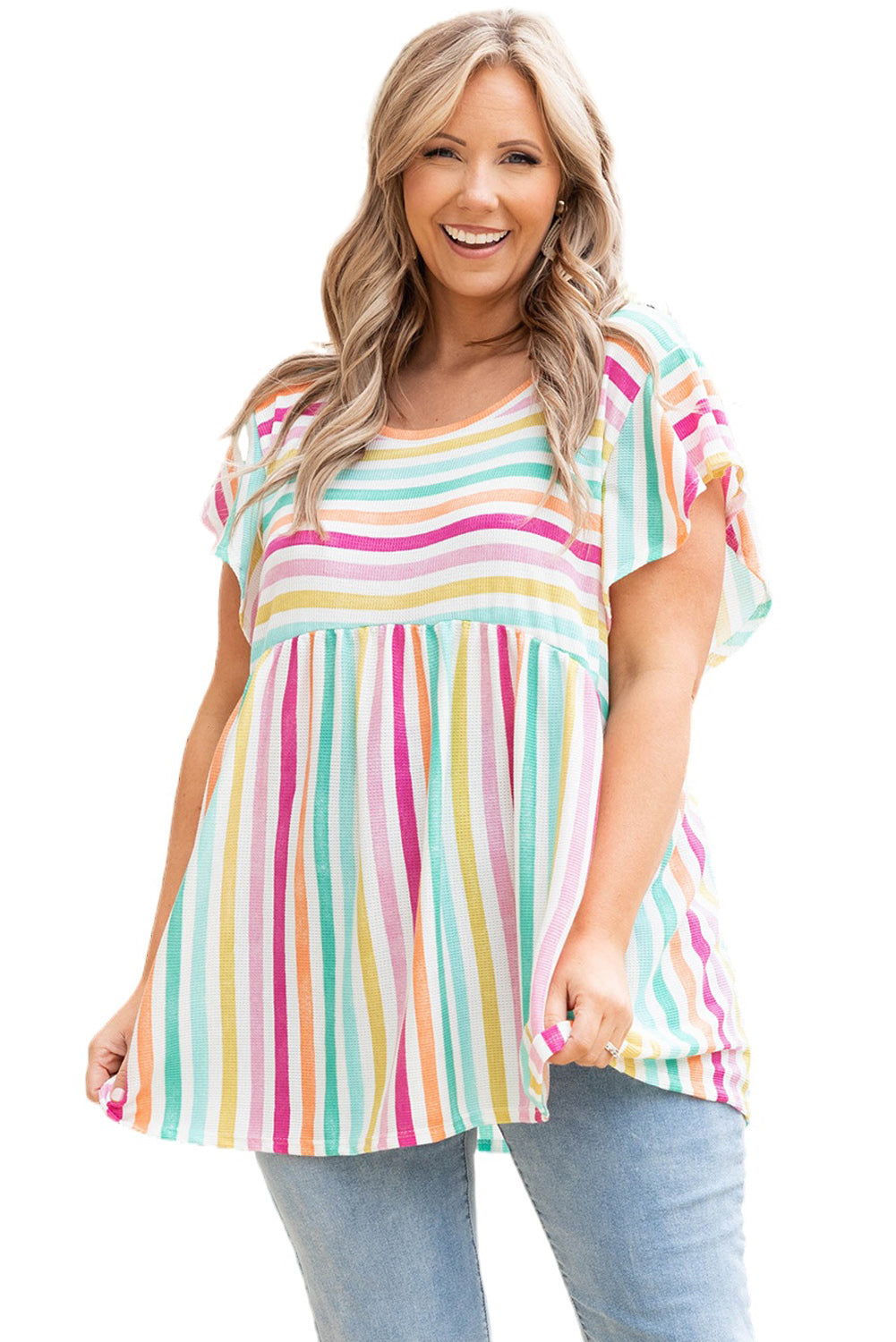 Multicolor Striped Ruffle Sleeve Plus Size Babydoll Top Plus Size Tops JT's Designer Fashion