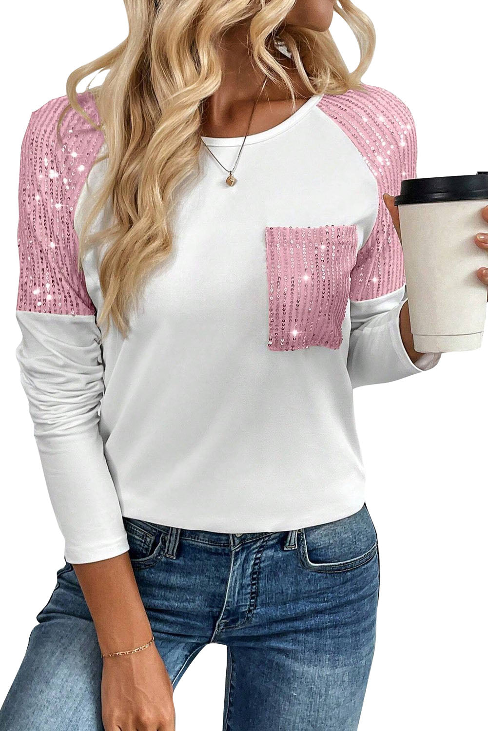 Pink Sequin Patch Chest Pocket Raglan Sleeve Top Tops & Tees JT's Designer Fashion