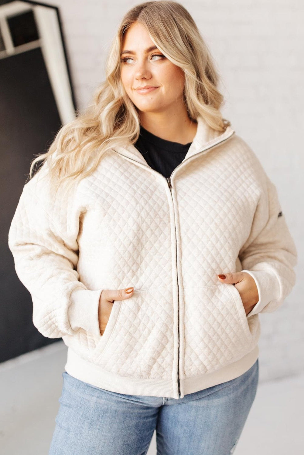 Bright White Zipped Shoulder Pocket Plus Size Quilted Jacket Plus Size JT's Designer Fashion