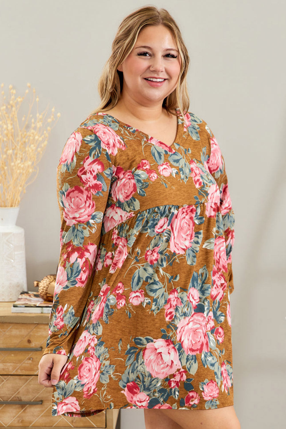 Brown Vintage Blooms Plus Size Pocketed Long Sleeve Dress Plus Size JT's Designer Fashion