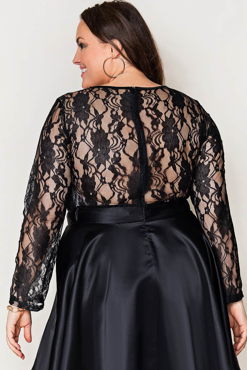 Black Plus Size Sheer Lace Splice High Low Satin Dress Plus Size Dresses JT's Designer Fashion