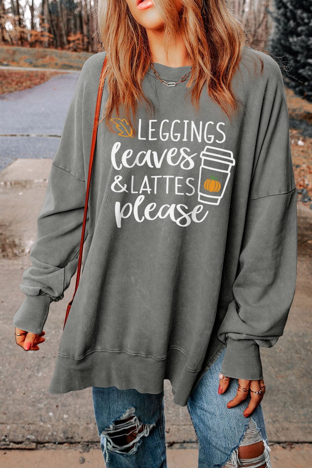 Gray Slogan Print Side Split Oversized Sweatshirt Gray 75%Polyester+25%Cotton Graphic Sweatshirts JT's Designer Fashion