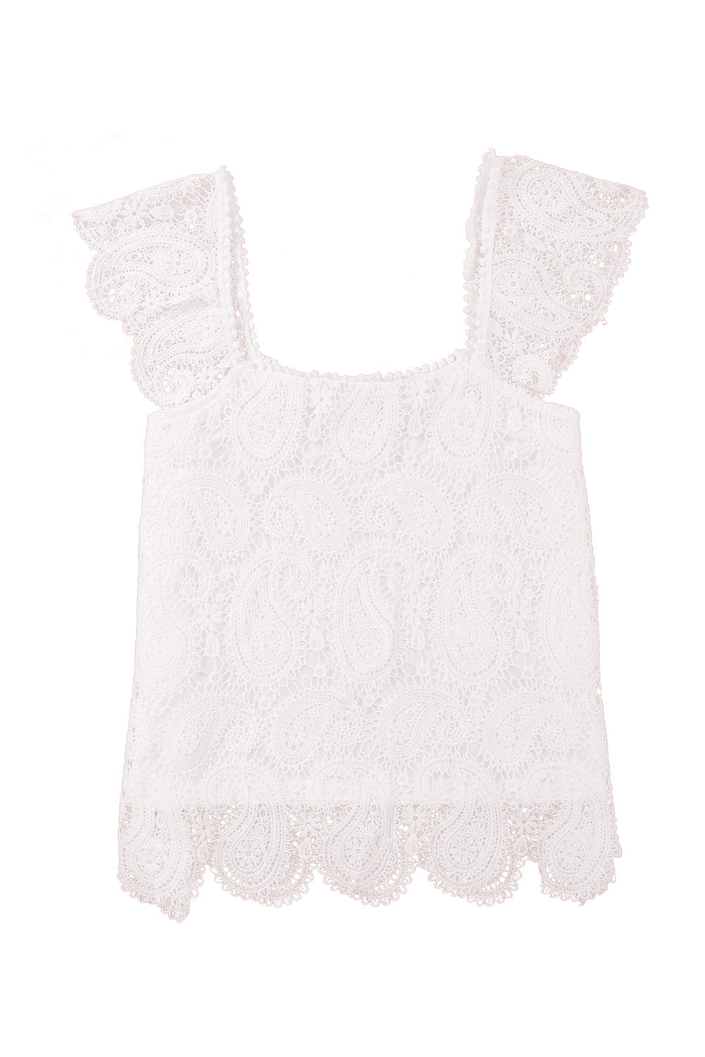 White Lace Crochet Ruffled Square Neck Tank Top Tank Tops JT's Designer Fashion