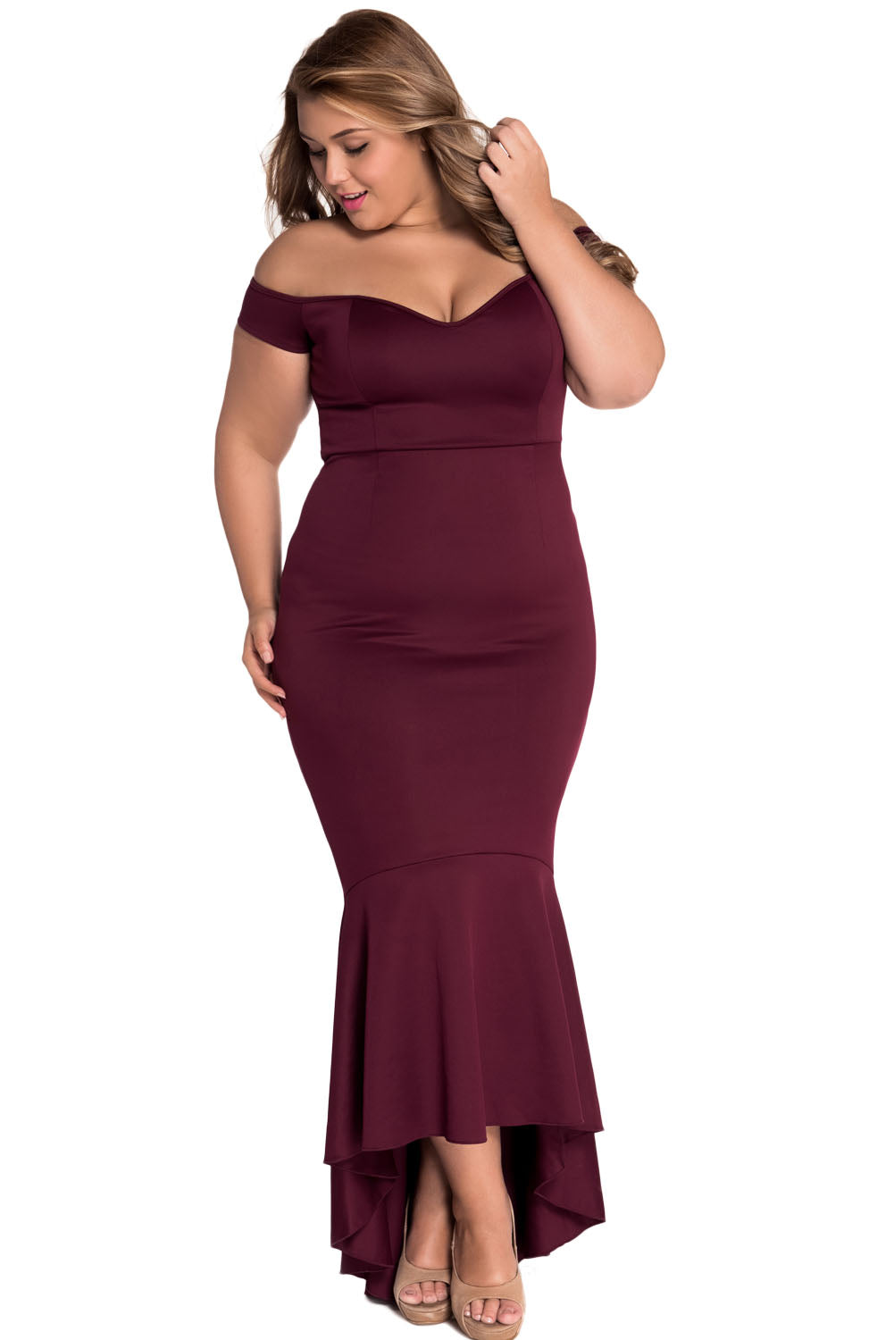 Maroon Off-shoulder Mermaid Jersey Prom Dress Evening Dresses JT's Designer Fashion