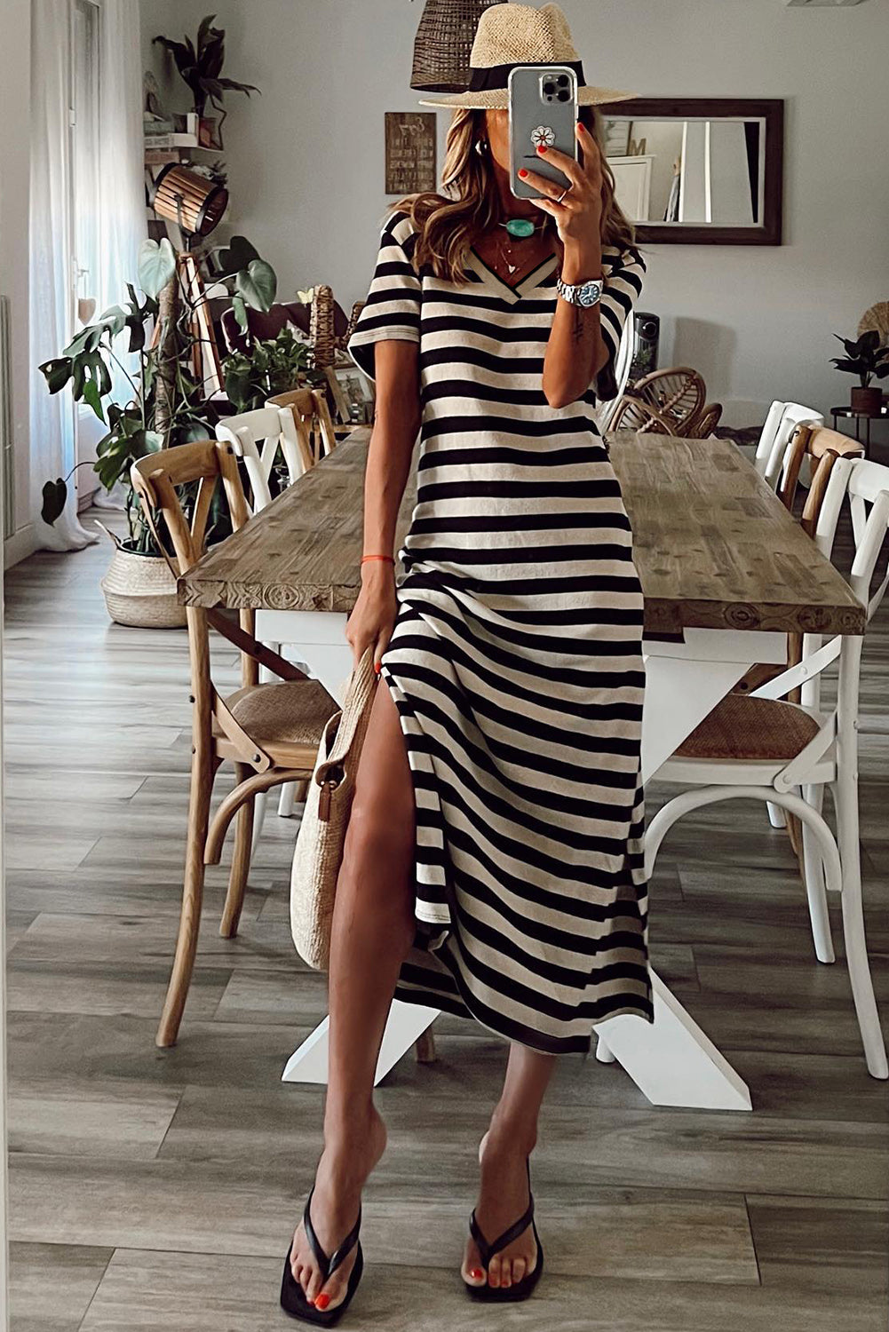 Black Stripe Print V Neck Maxi Dress with Side Splits Maxi Dresses JT's Designer Fashion