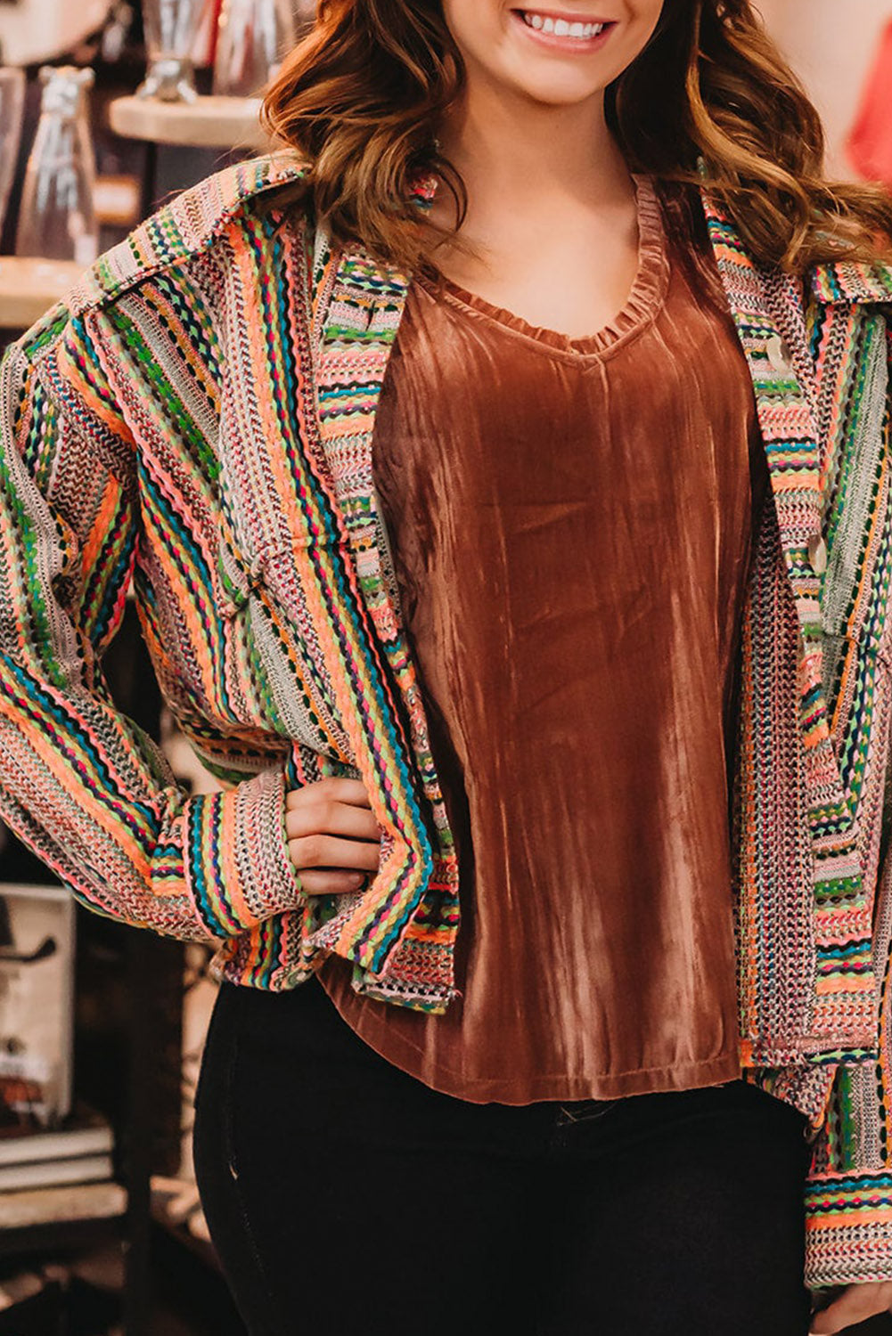 Multicolor Geometric Striped Print Plus Size Shirt Jacket Plus Size JT's Designer Fashion