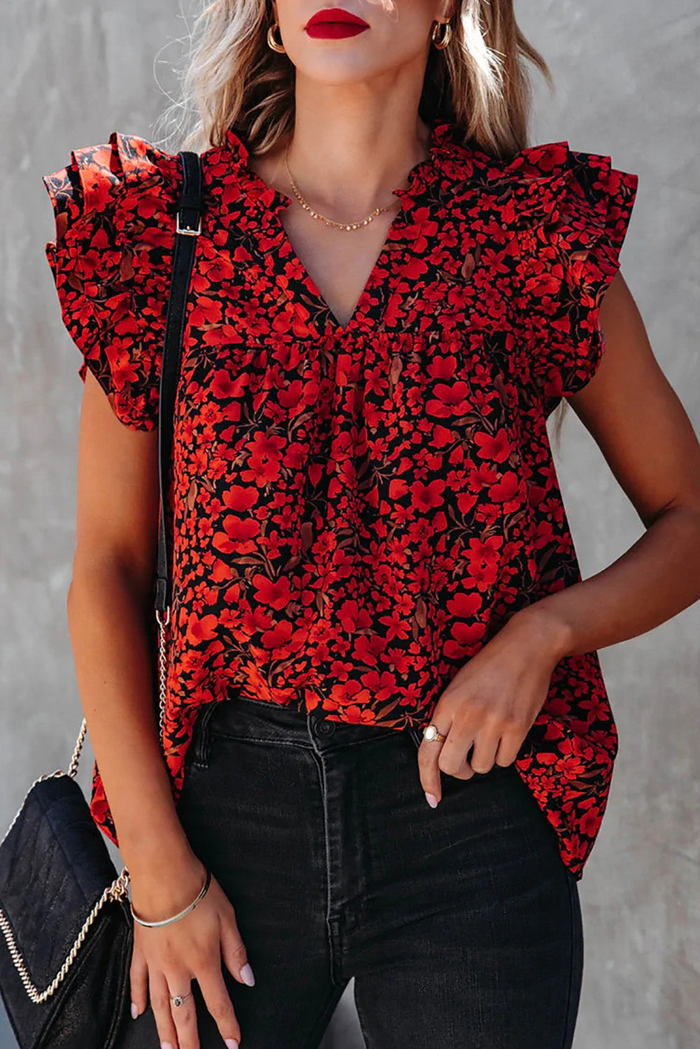 Red Floral Print Tiered Flutter Sleeve V Neck Top Red 100%Polyester Tank Tops JT's Designer Fashion