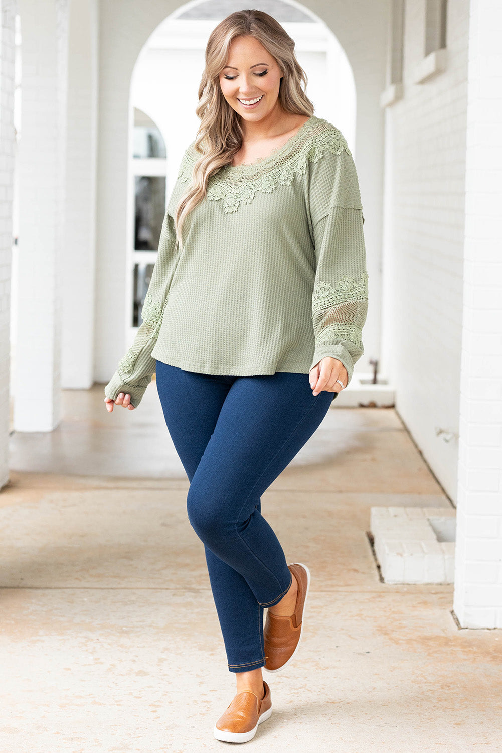 Green Waffled Lace Long Sleeve Plus Size Top Plus Size JT's Designer Fashion