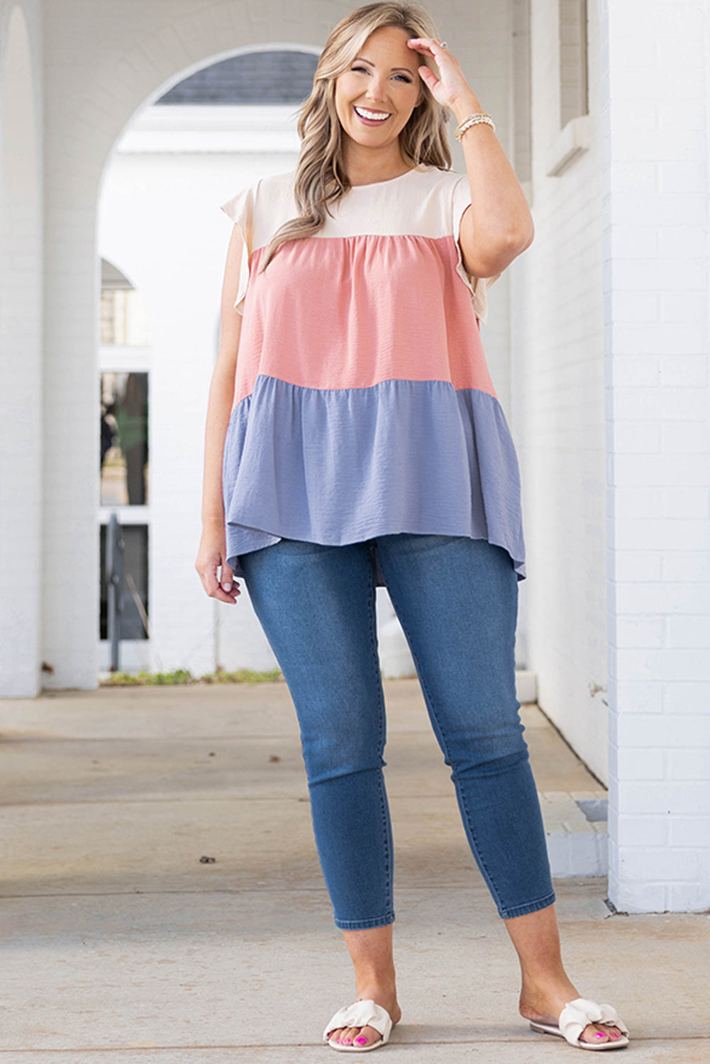 Pink Plus Size Colorblock Ruffle Flowy Top Plus Size Tops JT's Designer Fashion